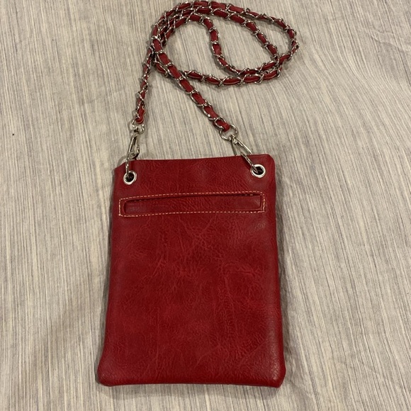 Embroidered Red Crossbody Bag - chain accented strap - rhinestone embellishments - Picture 2 of 3